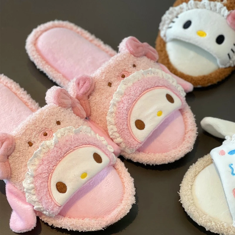 Sanrio Lovely Anime Slippers Kuromi My Melody Pom Pom Purin Cinnamoroll Indoor Home Shoes Cartoon Women Girl Slippers Flat