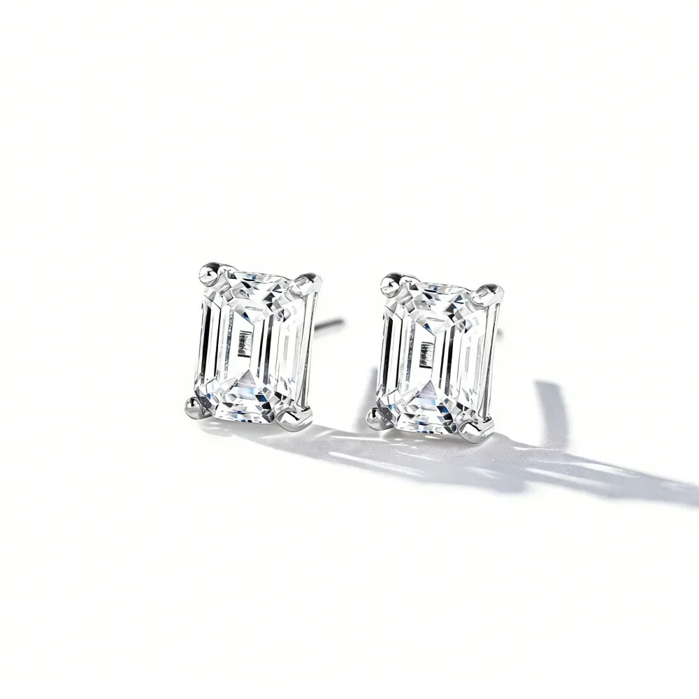 D-color classic four-prong Emerald Cut Morganite Stud Earrings in PT950 Platinum Tower Design Pair