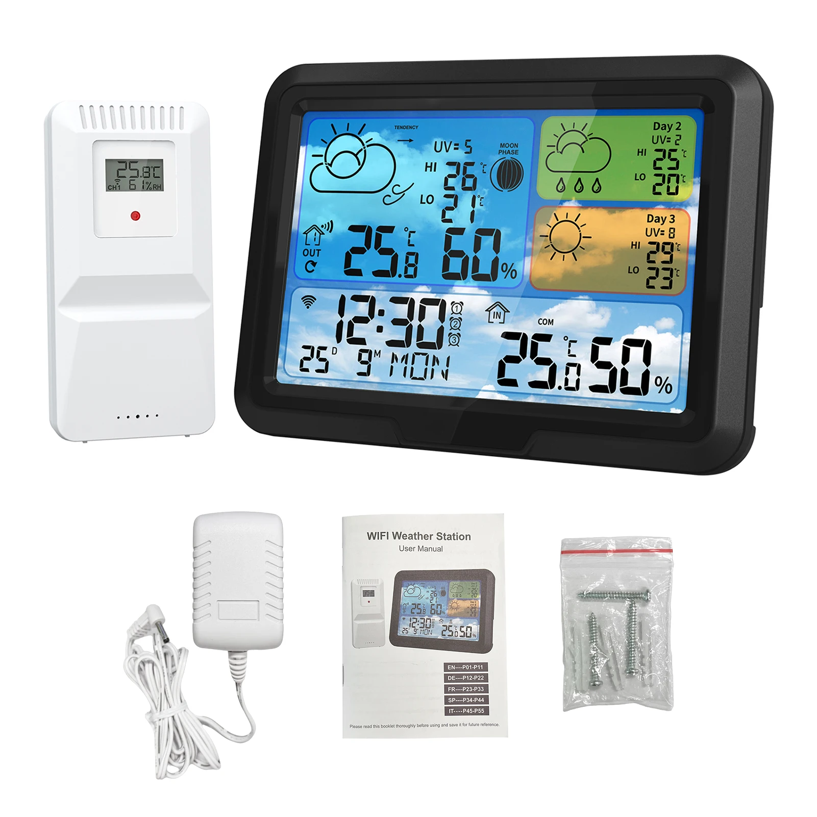 Wi-Fi-Wetterstation, 5,3 Zoll, Innen-/Außenthermometer, Sensor, APP-Steuerung, unterstützt 3 Tage Wettervorhersage/Datum/Druck/UV