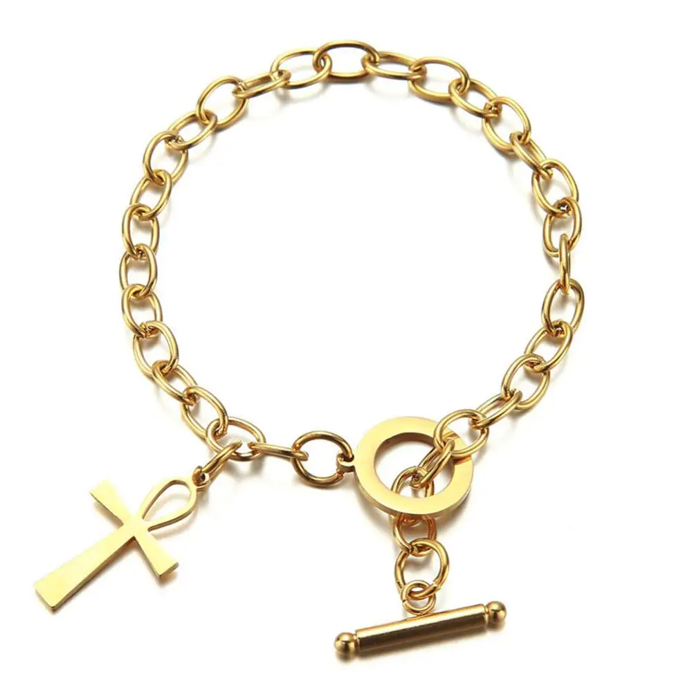 

Egypt Ankh Cross Amulet Charm Bracelet Female Gold Color Stainless Steel Chain Bracelets for Women Egyptian Jewelry Gift