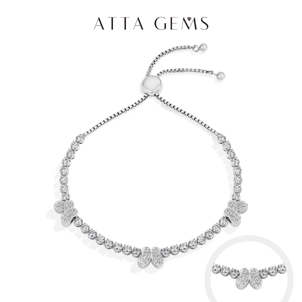 

ATTAGEMS Butterfly Moissanite Diamond Bracelet D VVS1 for Women 925 Sterling Silver Adjustable Hand Chain Sparkling Fine Jewelry