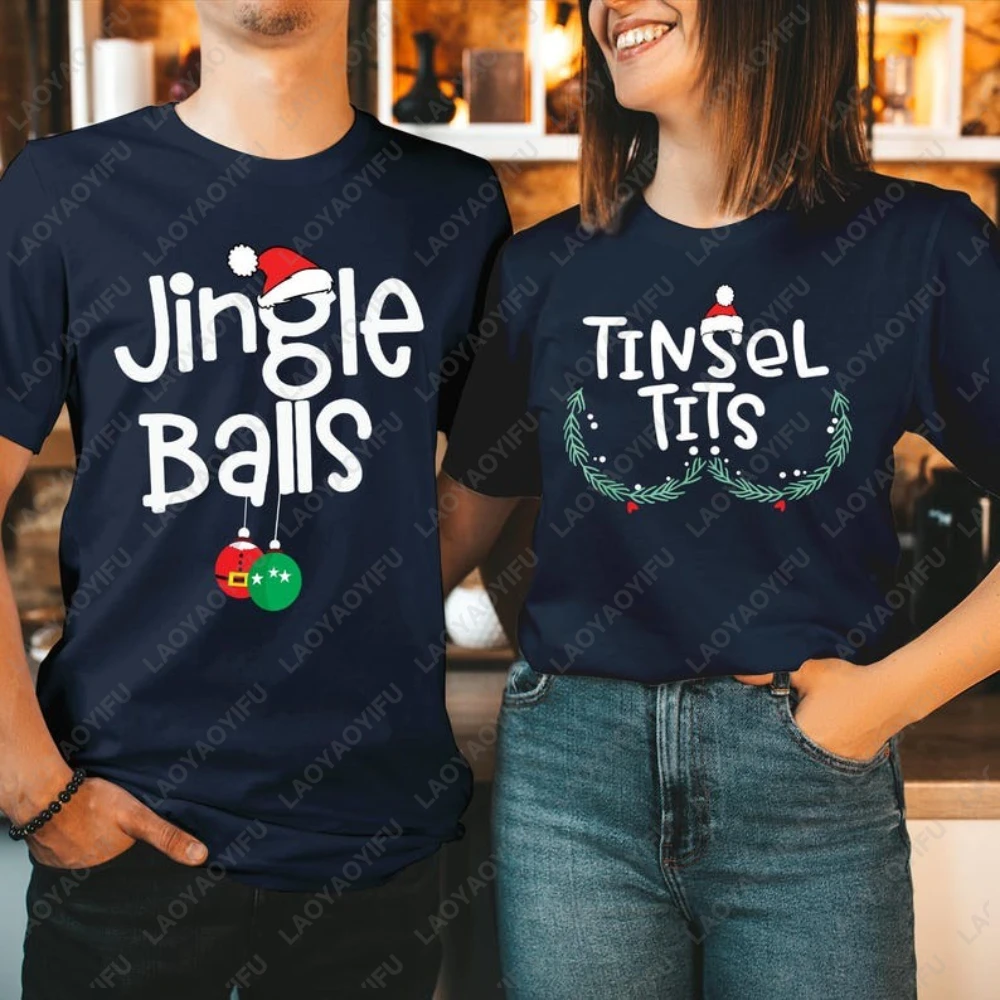 Divertente coppia di Natale T-shirt Jingle Balls Cappello di Natale Streetwear Magliette grafiche Natale Uomo Donna Abbigliamento Girocollo Top Regalo