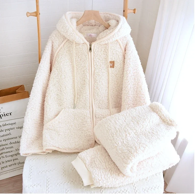 Thick Fluffy New Couple's Pajama Hooded Zipper Sleeping Sleepwear Winter Underwear Set Nightie Warm Pajamas Pyjamas Women