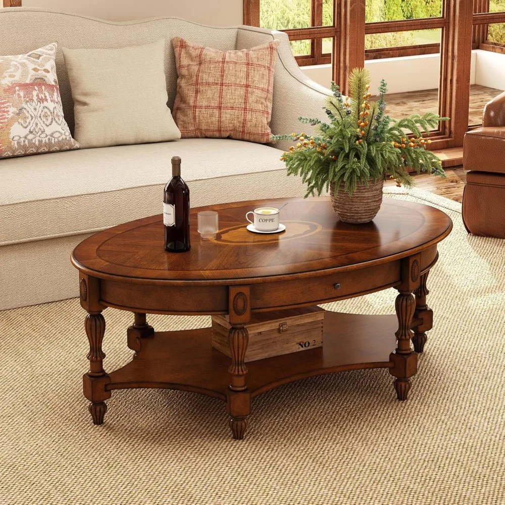 

Традиционный деревянный овальный журнальный столик с выдвижным ящиком, коктейльный чайный столик для гостиной из пчелиного воска с полкой для хранения, центральный стол с резю