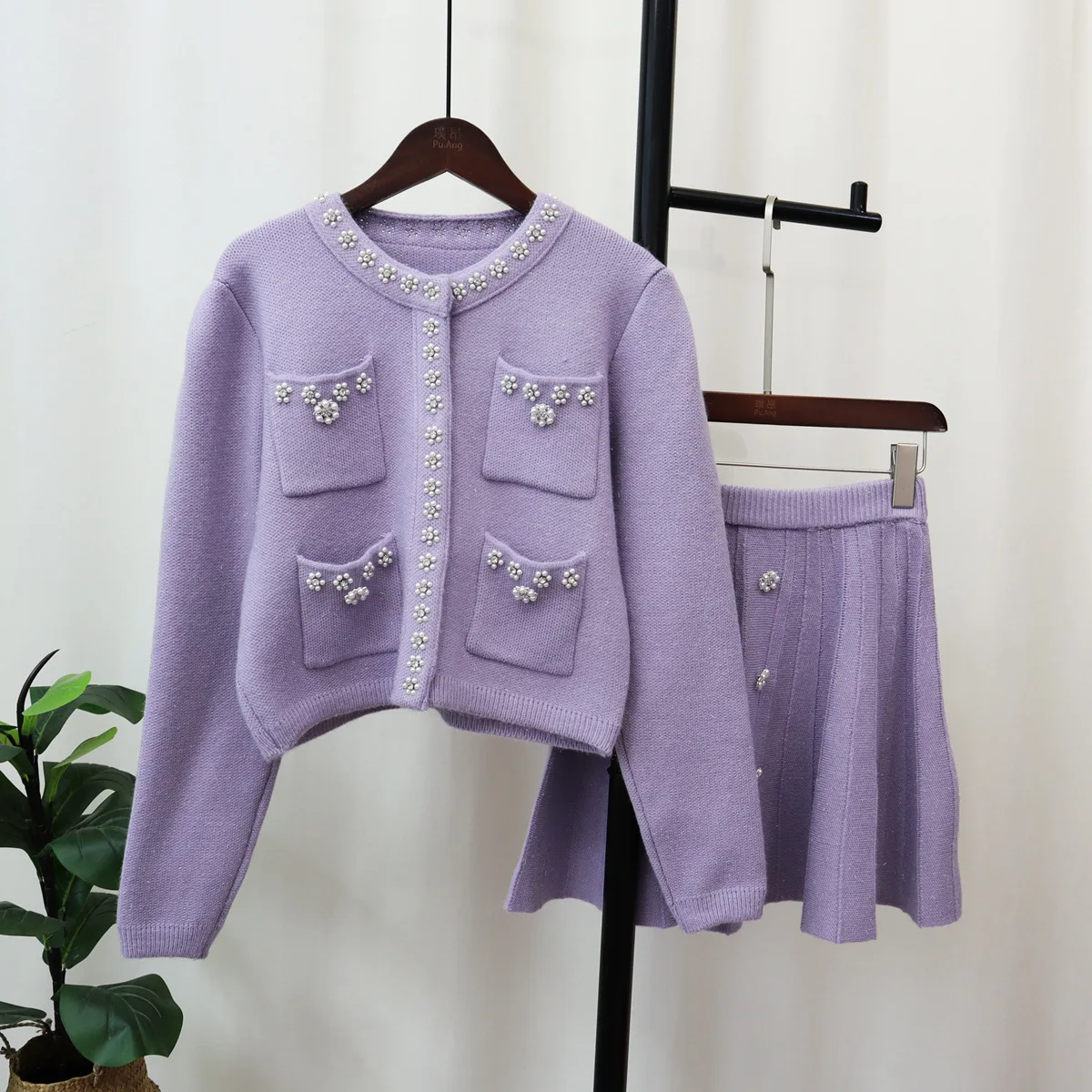 Neploe Women Suits Flower Beading Cardigan + Button Skirt 2024 Knit O-neck Pockets Sweater Autumn Winter  2 Pcs Sets