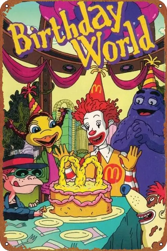 As aventuras malucas de Ronald McDonald: pôsteres do mundo de aniversário, sinal de lata vintage, decoração de parede de metal exclusiva para casa, bar, jantar, P
