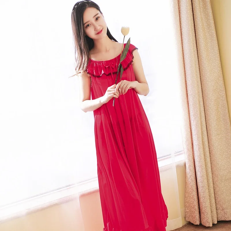 Women Sexy Nightgowns Lace Sleep Dress Nightwear Rayon Silk Imitation Ladies Long Section Home Dress Summer Style