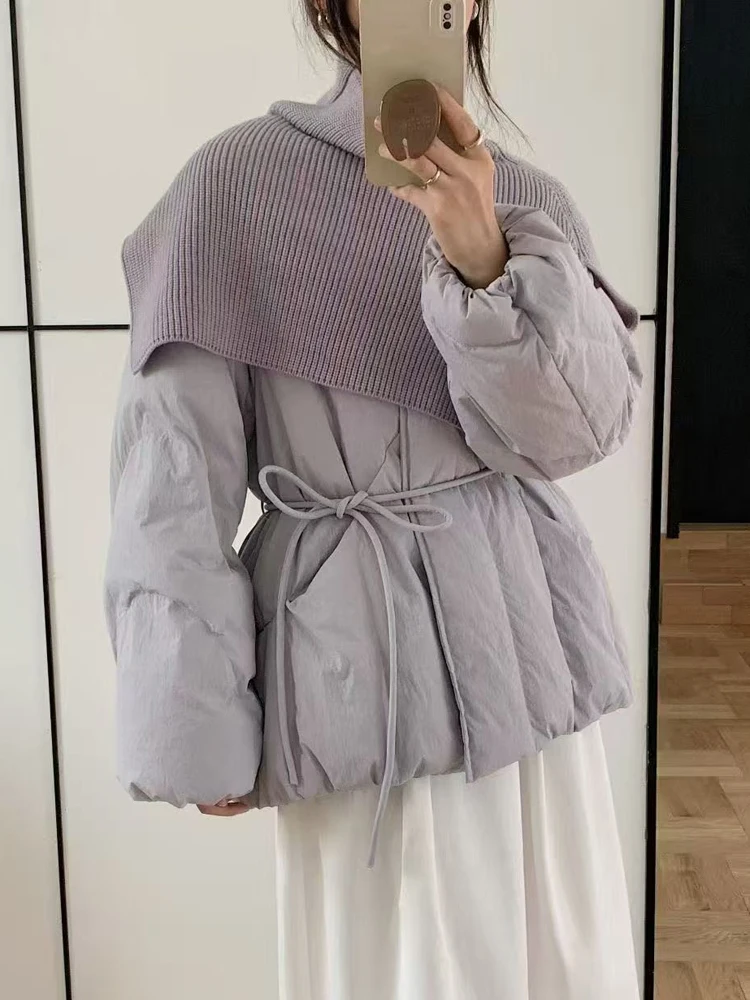 

Женская вязаная куртка-пуховик свободного кроя с поясом на талии, белая, новая зимняя модная верхняя одежда