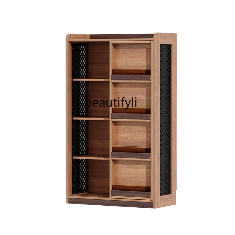 Solid wood unpainted floor-standing reading area storage cabinet sliding door dustproof bookcase integrated against the wall