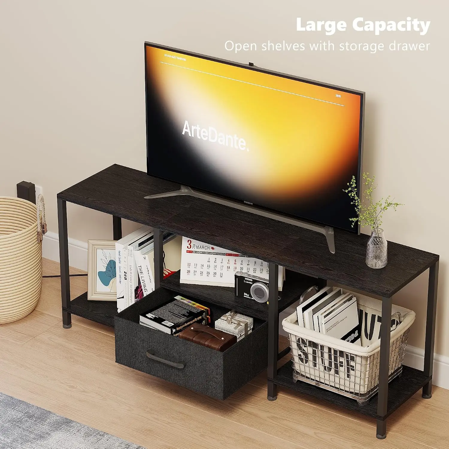 LED TV Stand with Open Shelves & Fabric Drawer, Media Console for 55" TV, Black, Living Room Bedroom view 5