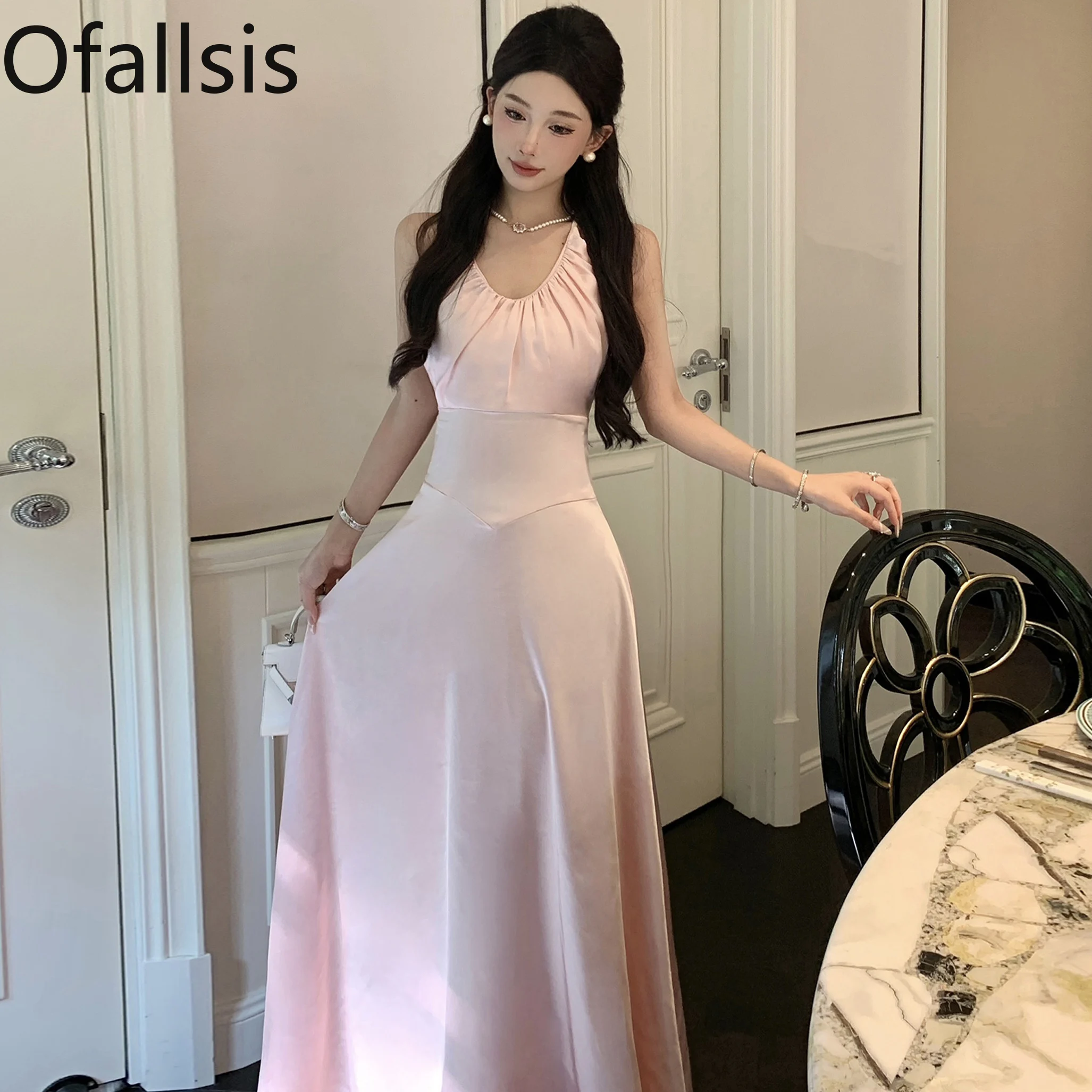 Ofallsis French Style Pink Acetate Satin V neck Camisole Dress 2024 Summer New Waist Cinched Backless Sexy Temperament Dresses