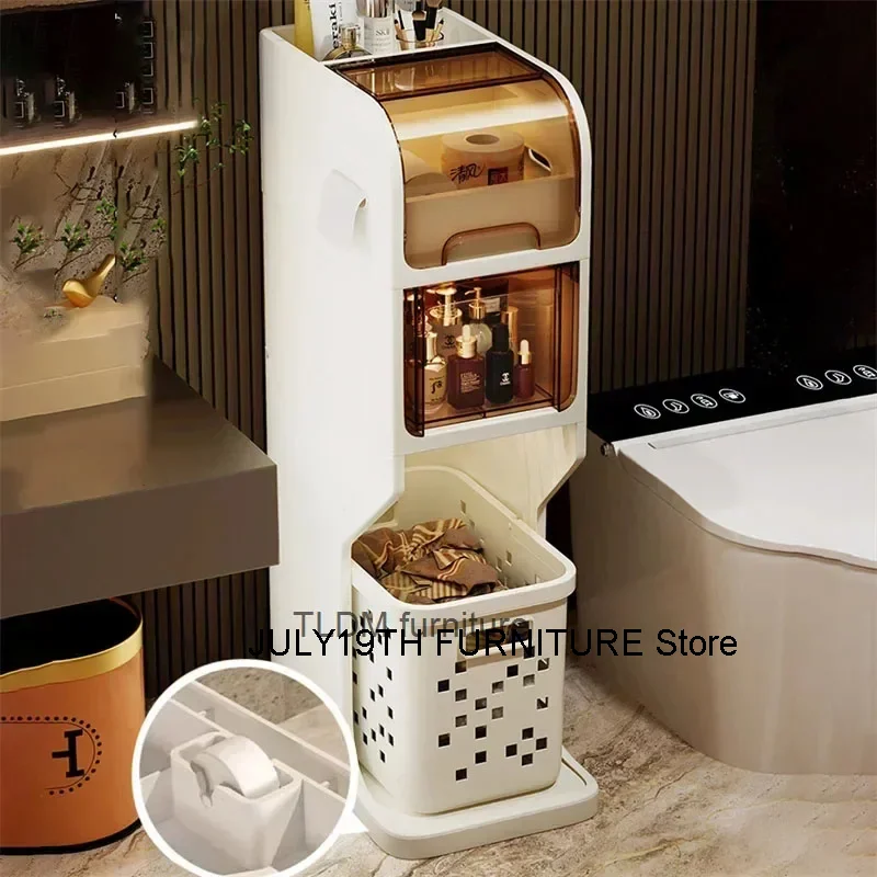 

Bathroom Gap Storage Cabinet Toilet Movable Storage Rack with Drawer Bathroom cabinet Floor Shelve with Dirty Clothes Basket Z