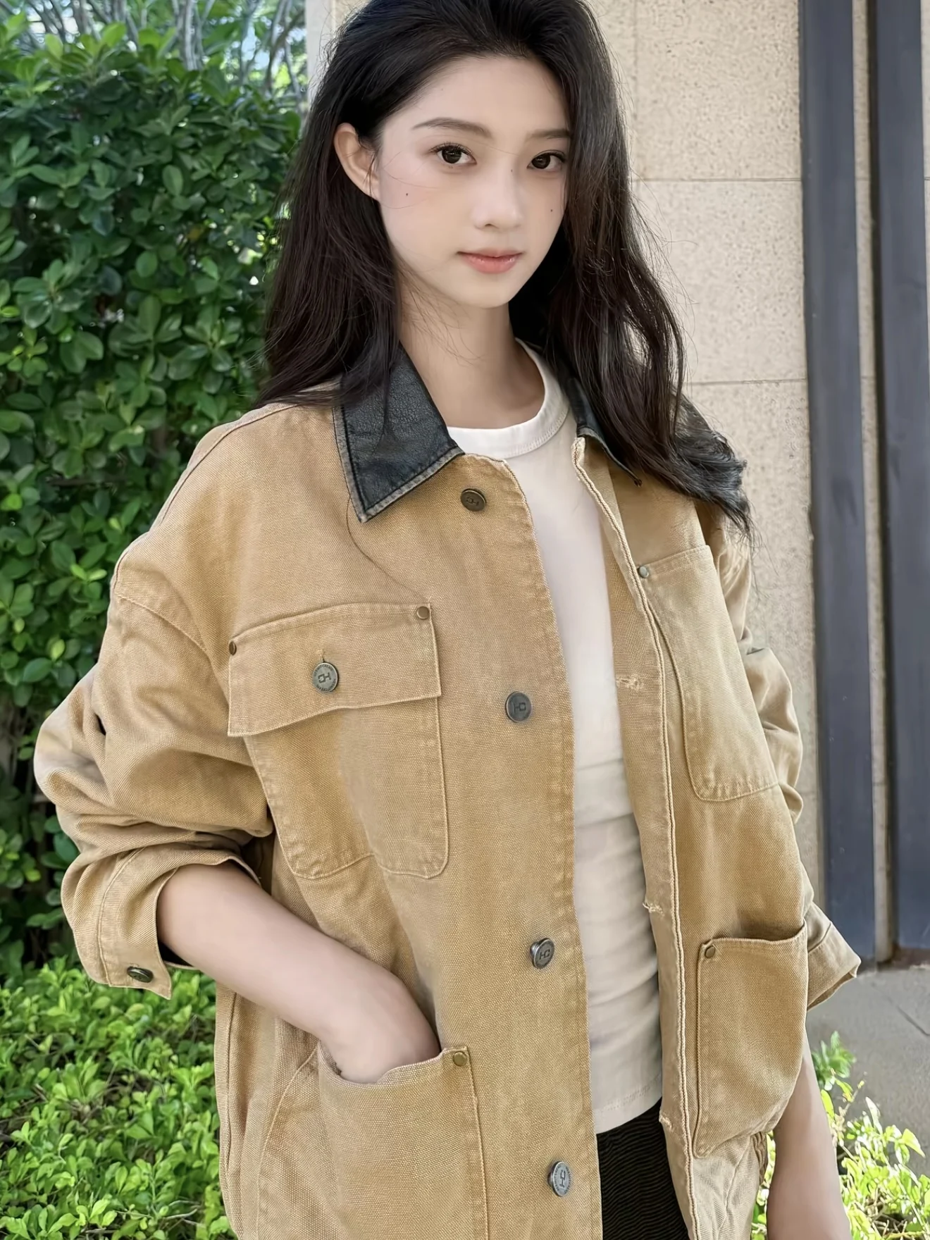 

American Retro Barn Sle Patchwork Leather Jaet Men's Autumn Winter Waed Casual Versatile Outerwear Collar Long Sve