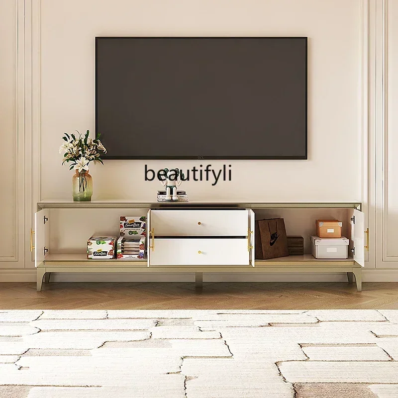 

cqySolid wood TV cabinet living room household cream wind floor low cabinet white floor cabinet locker
