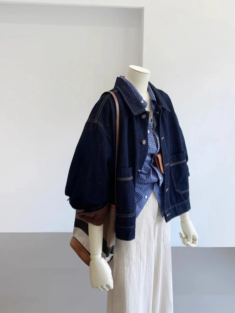 

Retro Stitched Collar Workwear Denim Jaet Women Spring Autumn Loose Lazy Sle Layered Coat Top Casual Ne Design