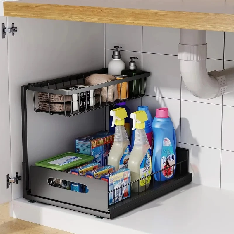 Double-layer Sliding Rail Basket Under-Sink Storage Rack Bathroom Kitchen Storage
