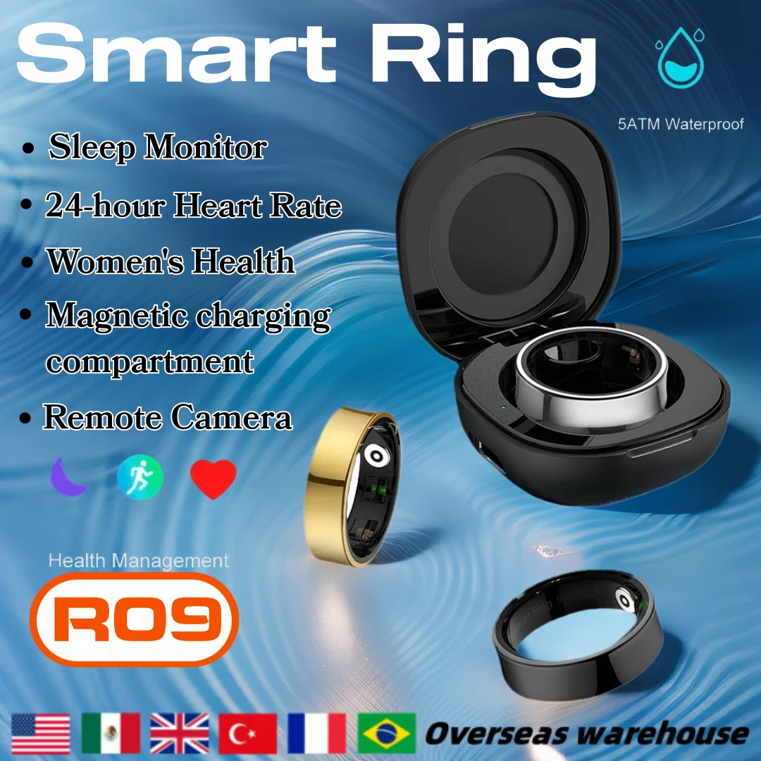 

R09 Smart Ring Men Women with Charging Case Heart Rate Blood Oxygen Skin Temperature Monitor 5ATM Waterproof For iOS Android NEW