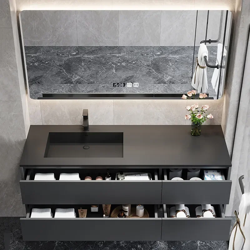 Italian Minimalist Black Integrated Wash Basin Bathroom Cabinet Combination Wall Hung Vanity Unit with Sink Modern Bathroom
