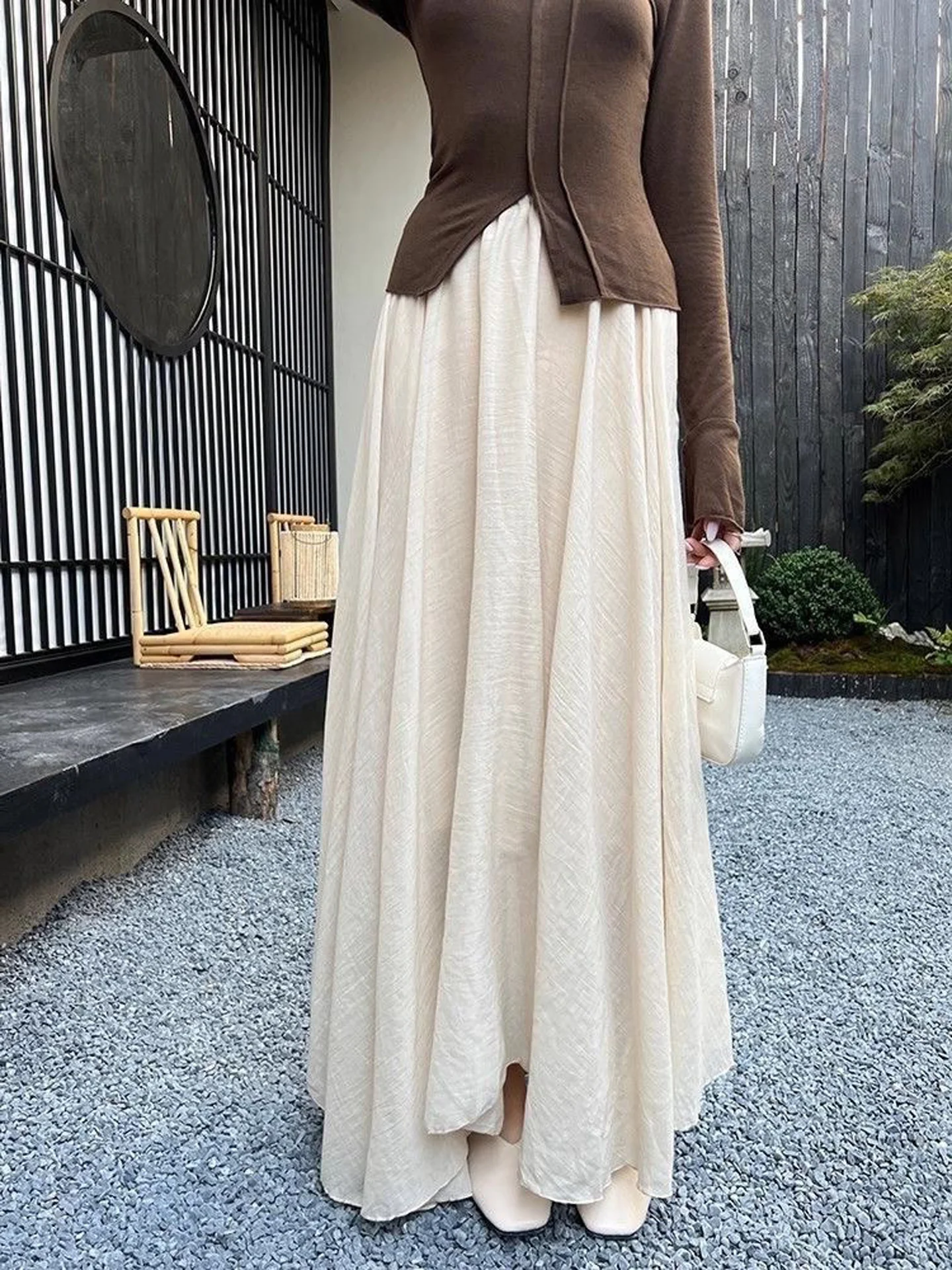 Korean Style High Waist Double Layer Cotton Linen Asymmetrical Skirt Women's Autumn New Ethnic Gentle Vintage Long Skirt