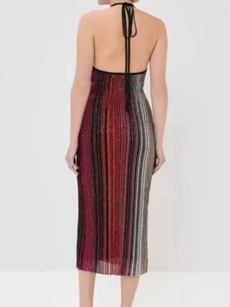 Damska sukienka midi z cekinami, w paski, dzianinowa, typu halter, z dekoltem w serek, bez pleców, bez rękawów, obcisła, idealna na wakacje.