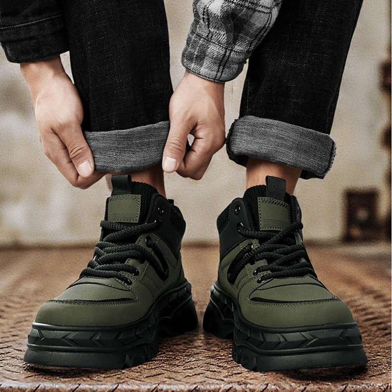 

Spring and Autumn Men's Leather-textured Color-matched Flat Mid-top Large-sized Lace-up and Retro Style High-quality Work Boots