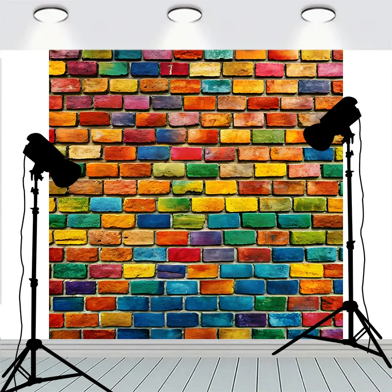 Graffitistyle Rainbow Painted Brick Wall Background Damaged Rustic Texture Vibrant Grunge Photography Backdrops BK-17