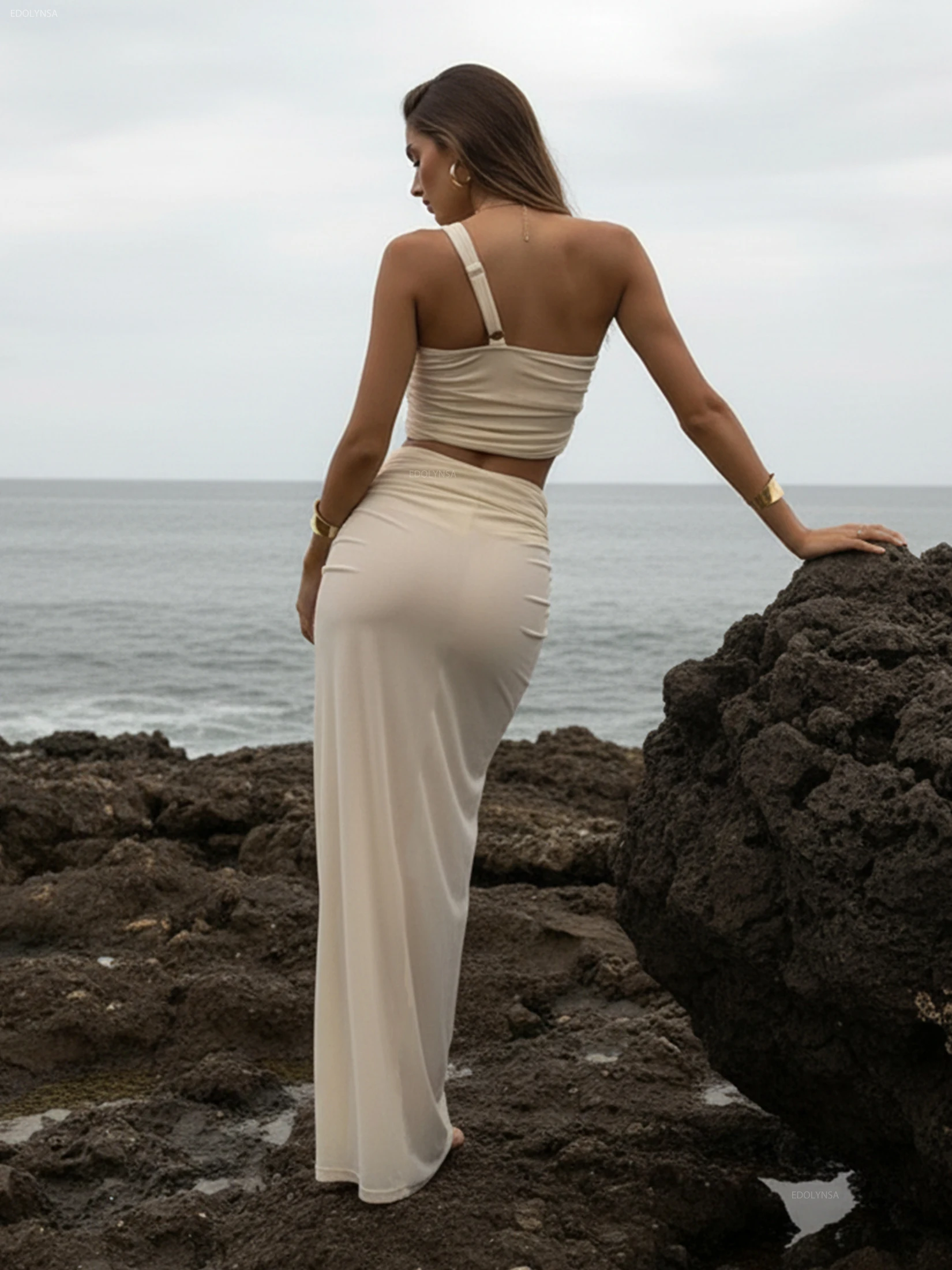 المرأة مثير 3 قطعة تنورة مجموعة أنيقة واحدة الكتف المحاصيل الأعلى عالية الشق ماكسي تنورة 2025 جديد شاطئ عطلة فستان الحفلات مجموعة K296 #2