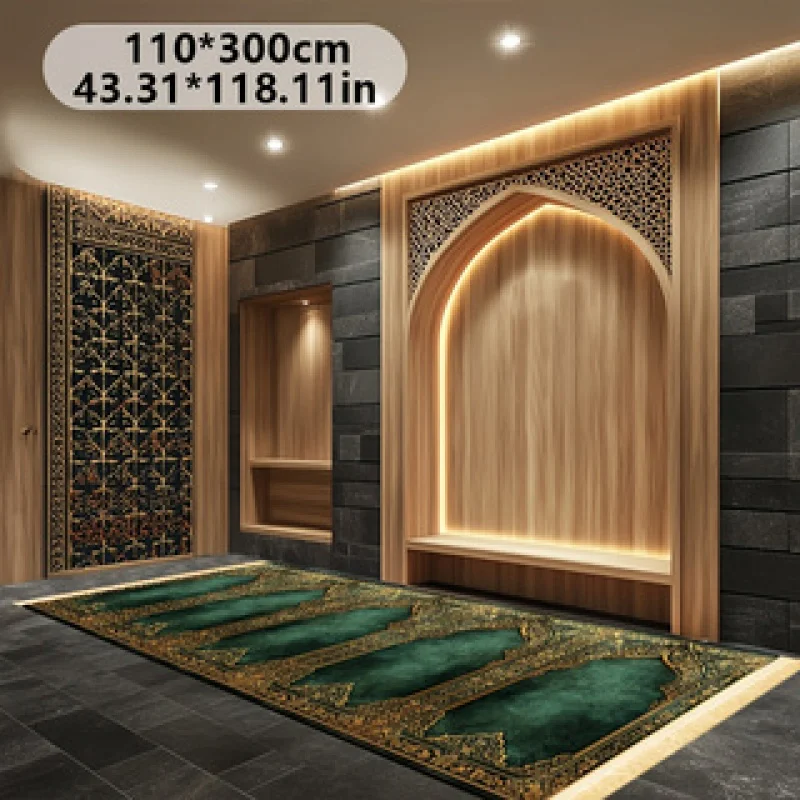 3 Person Luxury Green Gold Islamic Prayer Rug Triple Arch Floral Border Tassel Group Muslim Prayer Mat Non Slip Large Worship Ca