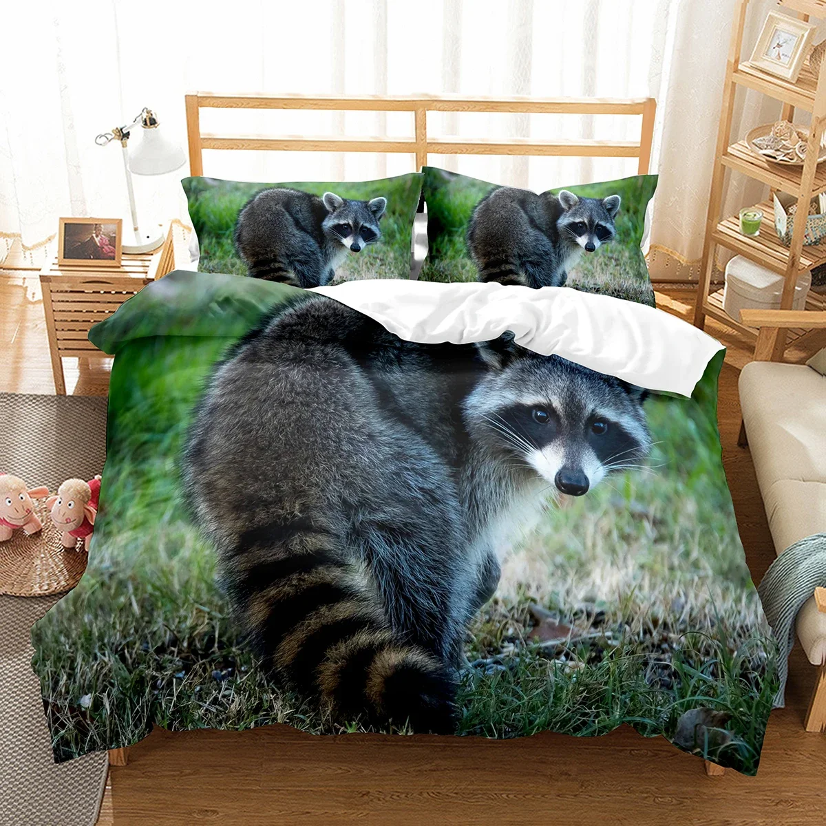 Raccoon Duvet Cover Set Cute Wild Animals Polyester Comforter Cover King Queen Size for Boy Girl Bedding Set with Pillowcase