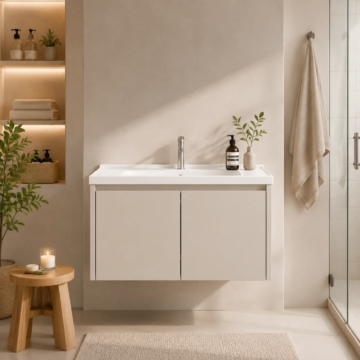 24inch Contemporary Washroom Wash Station Console Featuring Porcelain Basin and Tap Freestanding Sleek Stowage Armoire Lavatory