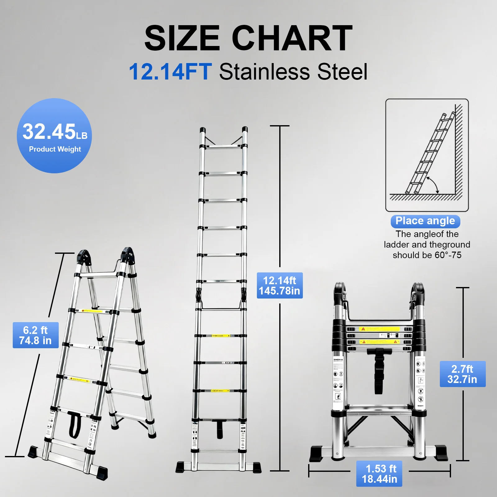 Dual Section Stainless Steel Telescopic Extension Ladder, A-Frame Foldable Step Ladder with Nylon Parts, Heavy Duty Collapsible Ladder with Protective Pearl Cotton Packing for Home & Roof Repair