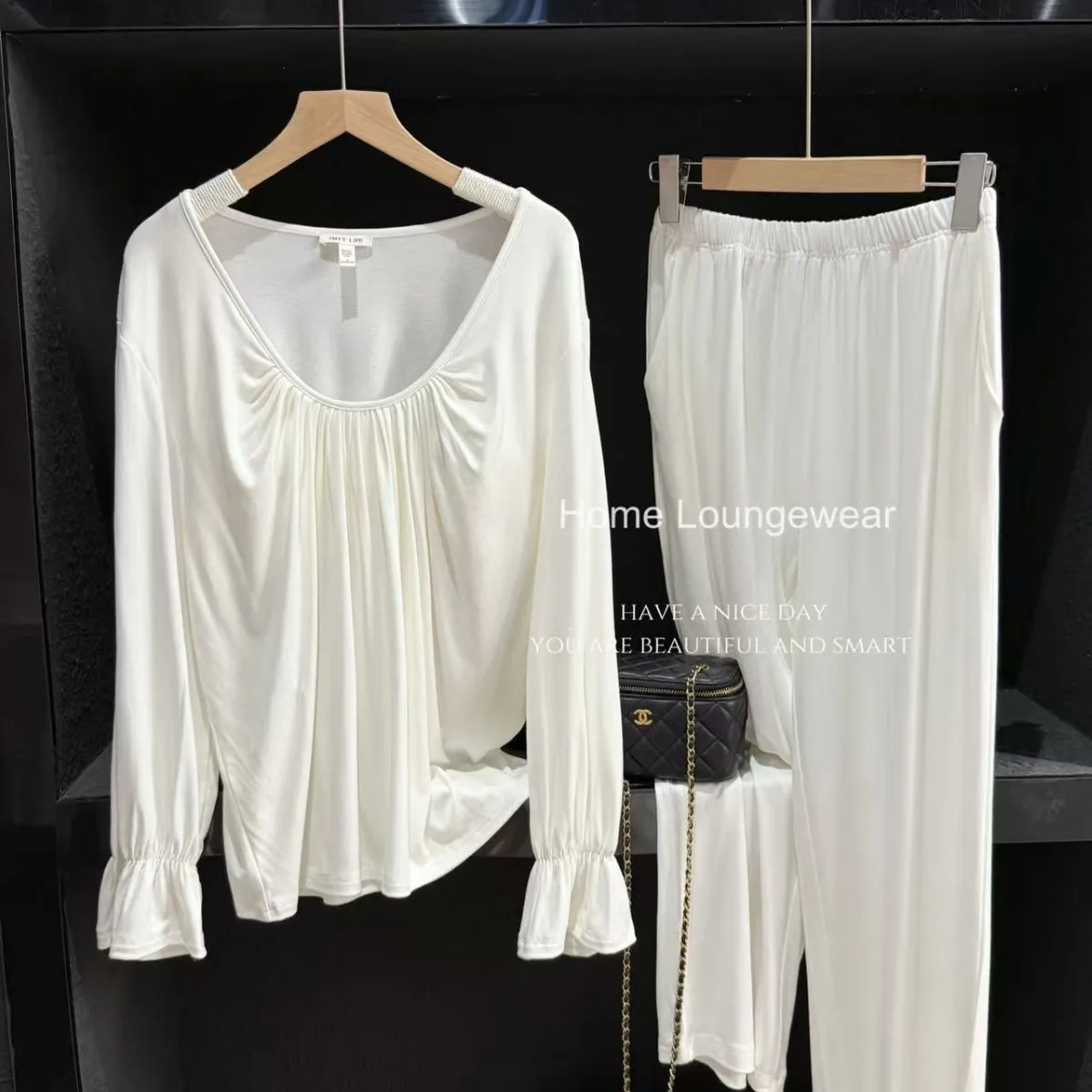 Autumn New Modal Pajamas Suit Long Sleeve Nightwear Round Collar Wrinkles Design Top Pants Warm Home Wear Loungewear 2Pcs