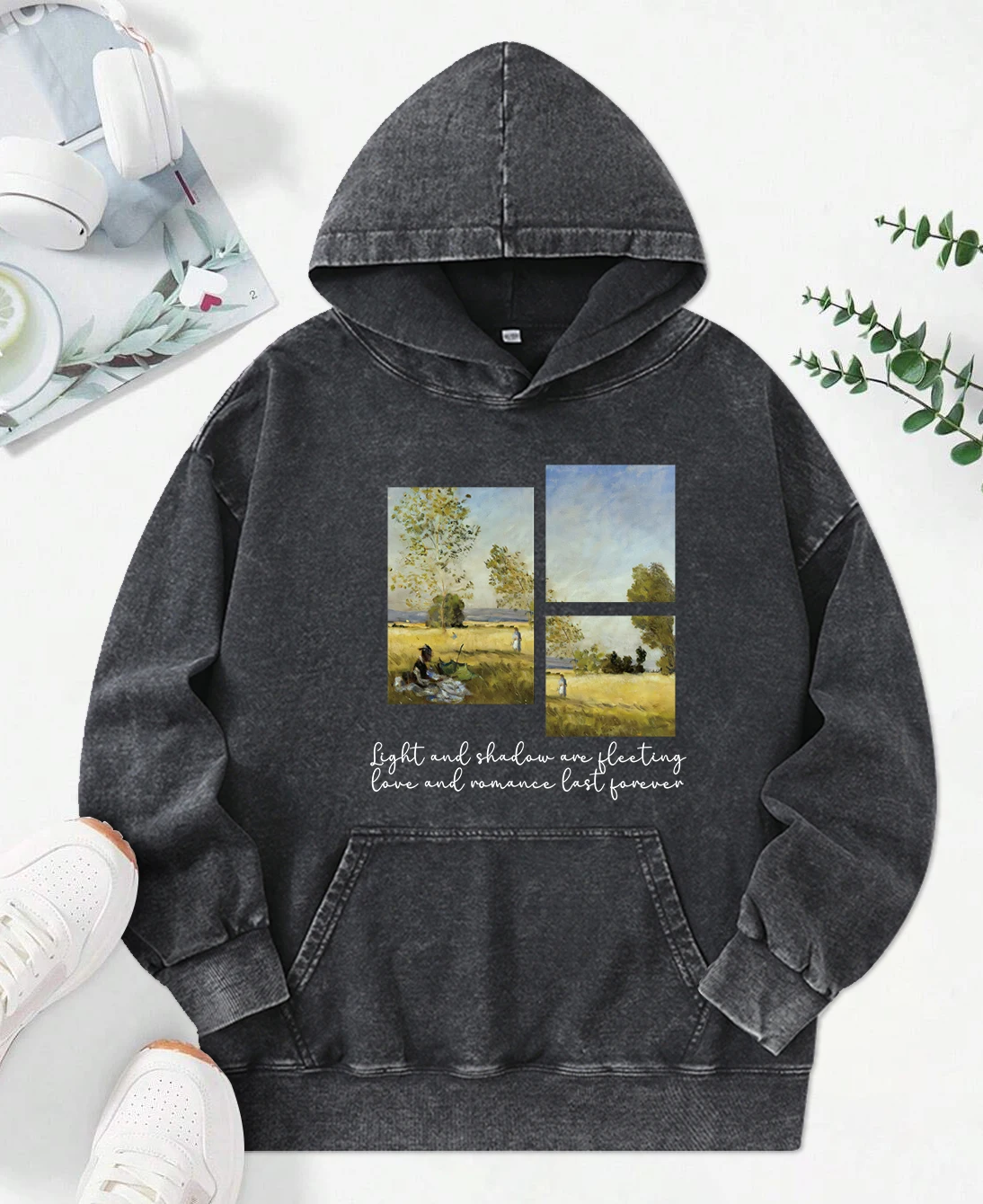 Beautiful Field Oil Painting Print Washed Hoodies Female Autumn Pocket Streetwear Loose All-Match Hoody Hip Hop Cotton Clothes