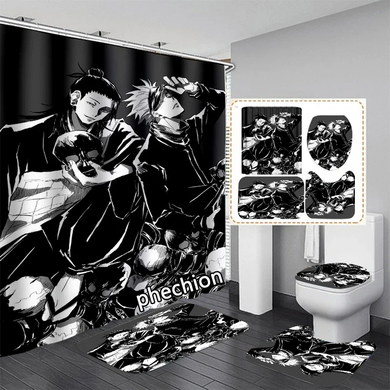 Fechion anime jujutsu Kaisen 3D print waterproof bathroom shower curtain toilet cover mat non-slip floor mat (1/3/4pcs) W41