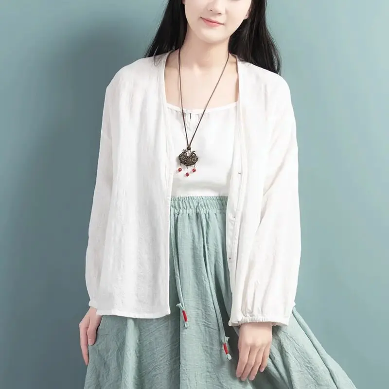 Women Linen Textured Cardigan Sunscreen Shirt Loose Batwing Long Sleeve Short Outwear Casual Open Front Outerwear CH-302