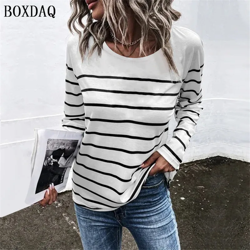 Women Striped T-Shirts Spring Autumn Long Sleeve 3D Print Street Style Ladies Tees 6XL Plus Size Female Clothing Casual Tops