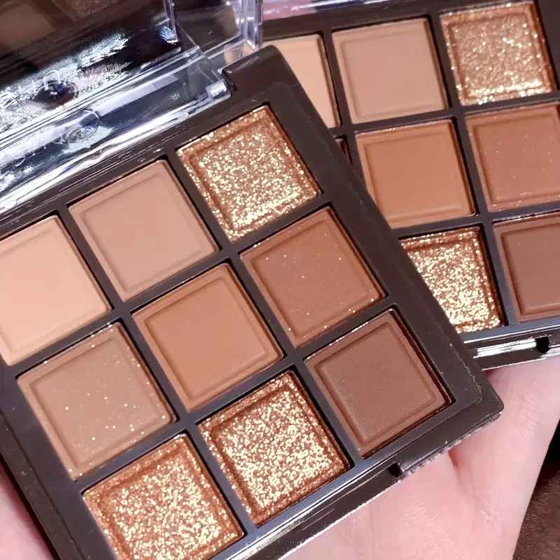 Paleta de sombras de ojos de chocolate de 9 colores, tonos tierra, mate, nacarado, lentejuelas brillantes, marrón natural con oro, efecto mate, maquillaje de sombra de ojos en tonos tierra