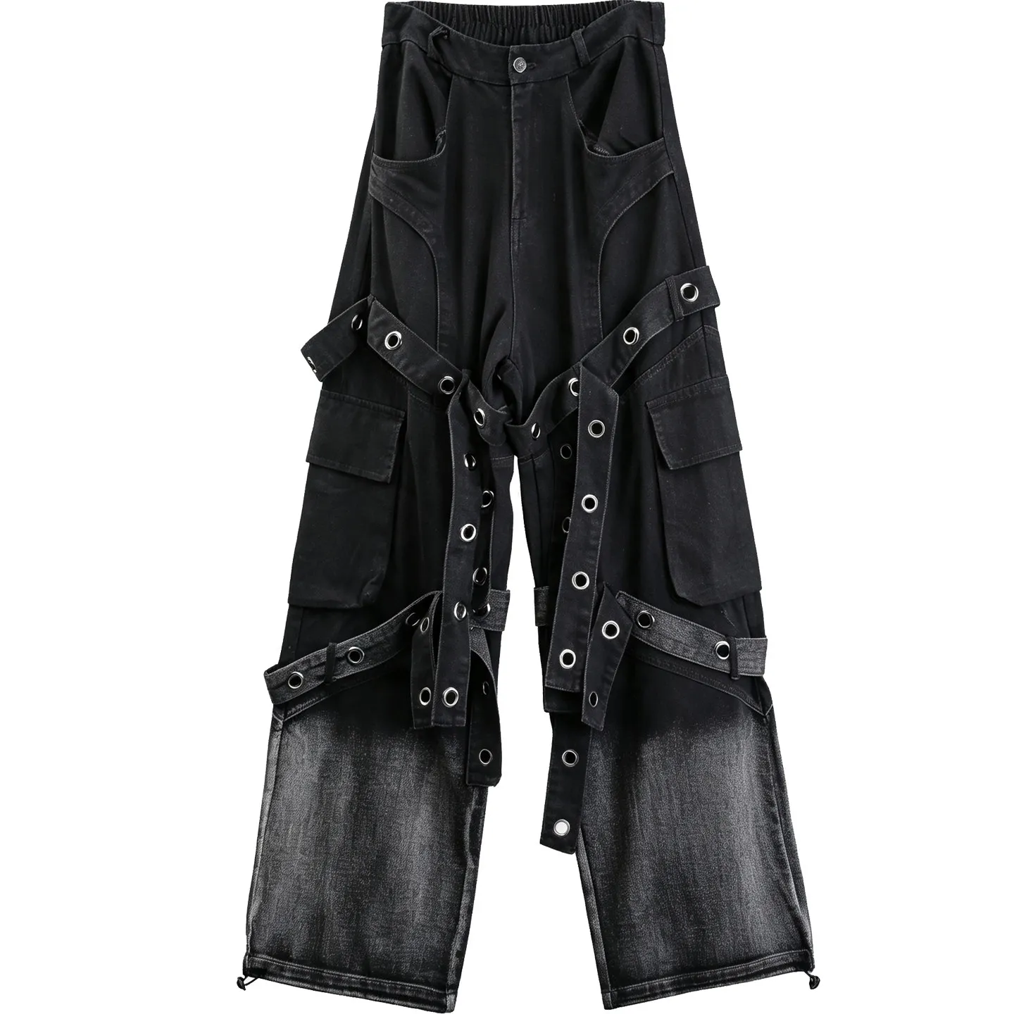Wasteland Wind Detachable Ribbon Gradient Jeans Designer Asian Culture Heavy Wide-Leg Overalls Trendy Men