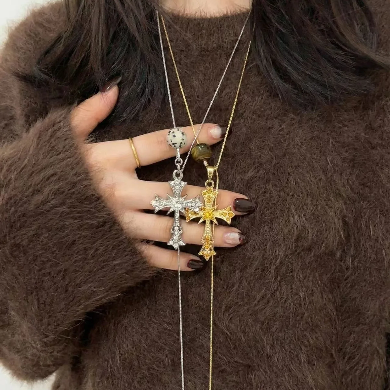 Sweater Necklace Tiger Eye Cross Pendant Adjustable Long Unique Elegant  Durable Premium Quality for Women Fall Winter