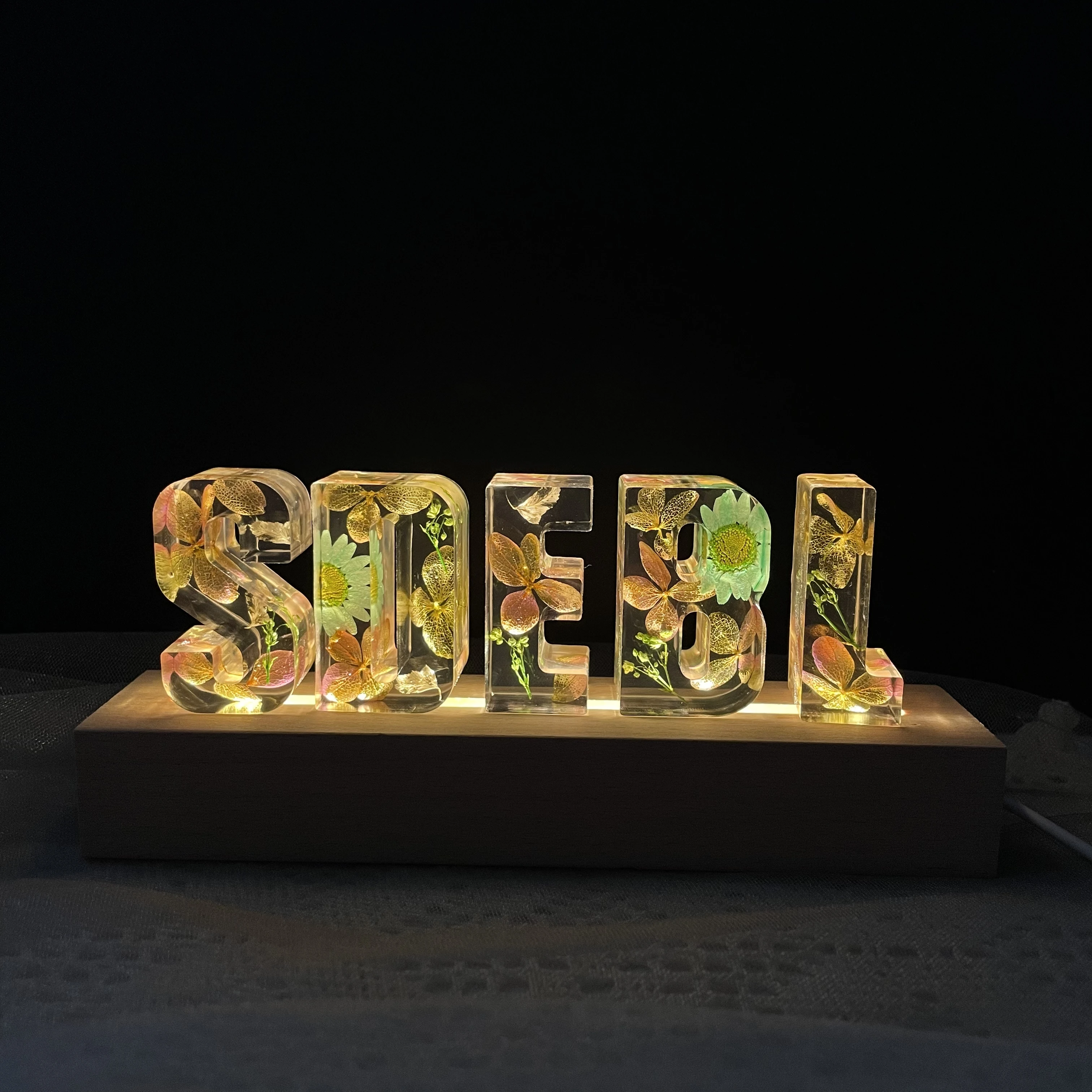 Custom Name Letter Lamp Personalized Handmade Mother\'s valentines day gift Resin Dry Flower Warm Color Led Flower Night Lights