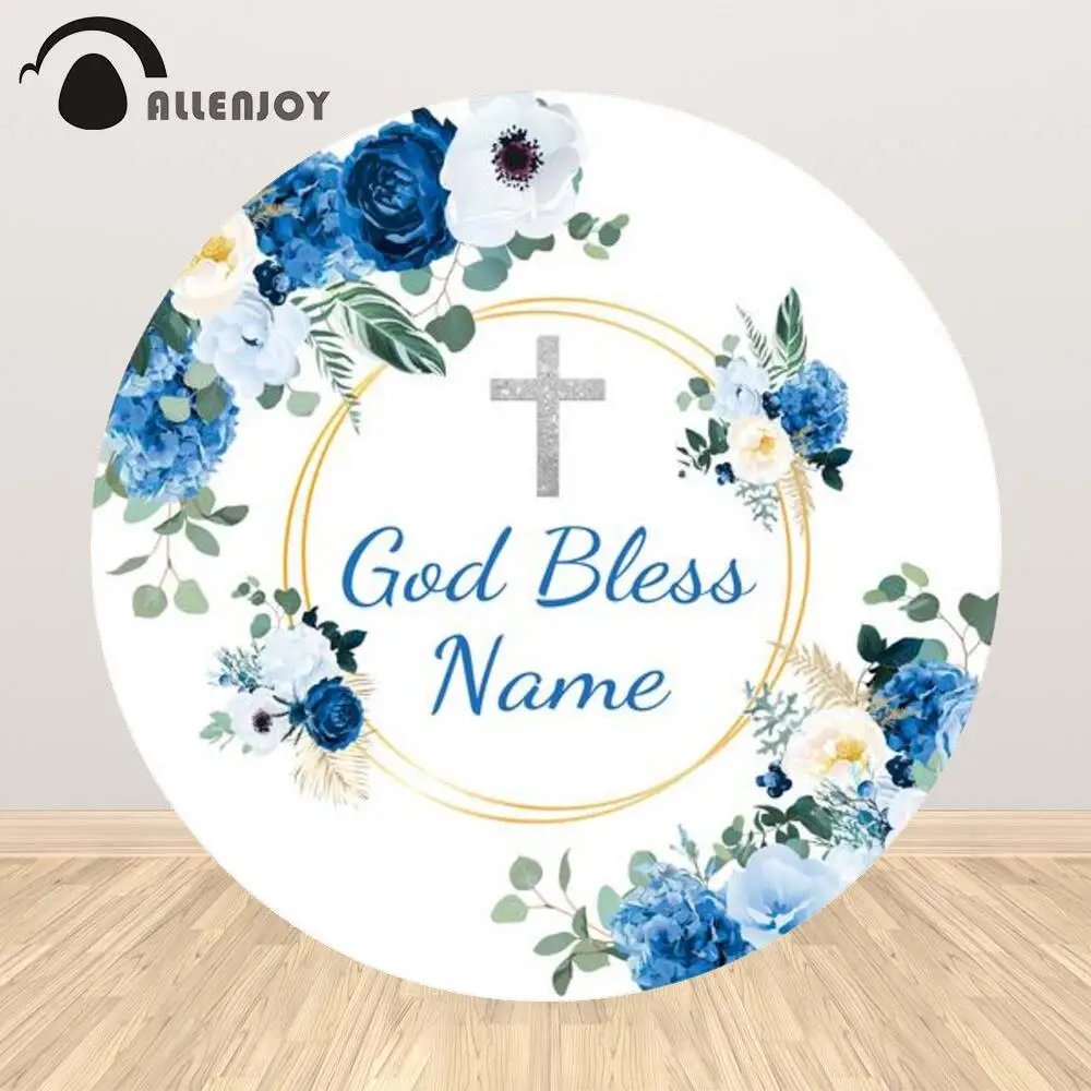 

Allenjoy God Bless Holy Communion Backdrop Blue Flowers Round Cross Customized Baptism Circle Baby Shower Photozone Background