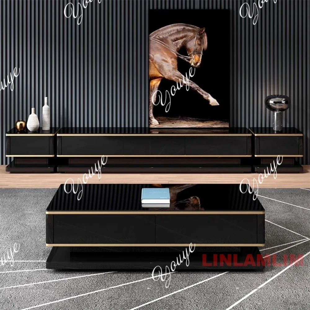 Modern Black High Gloss TV Stand and Coffee Table Set with Gold Trim, Sintered Stone / Glass Texture Finish, Storage Drawers