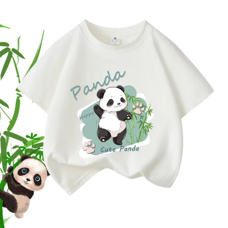 Summer Panda Printed Children's Short Sleeve Summer Pure Cotton Round Neck Top Parent Child Trendy Printed Clothing