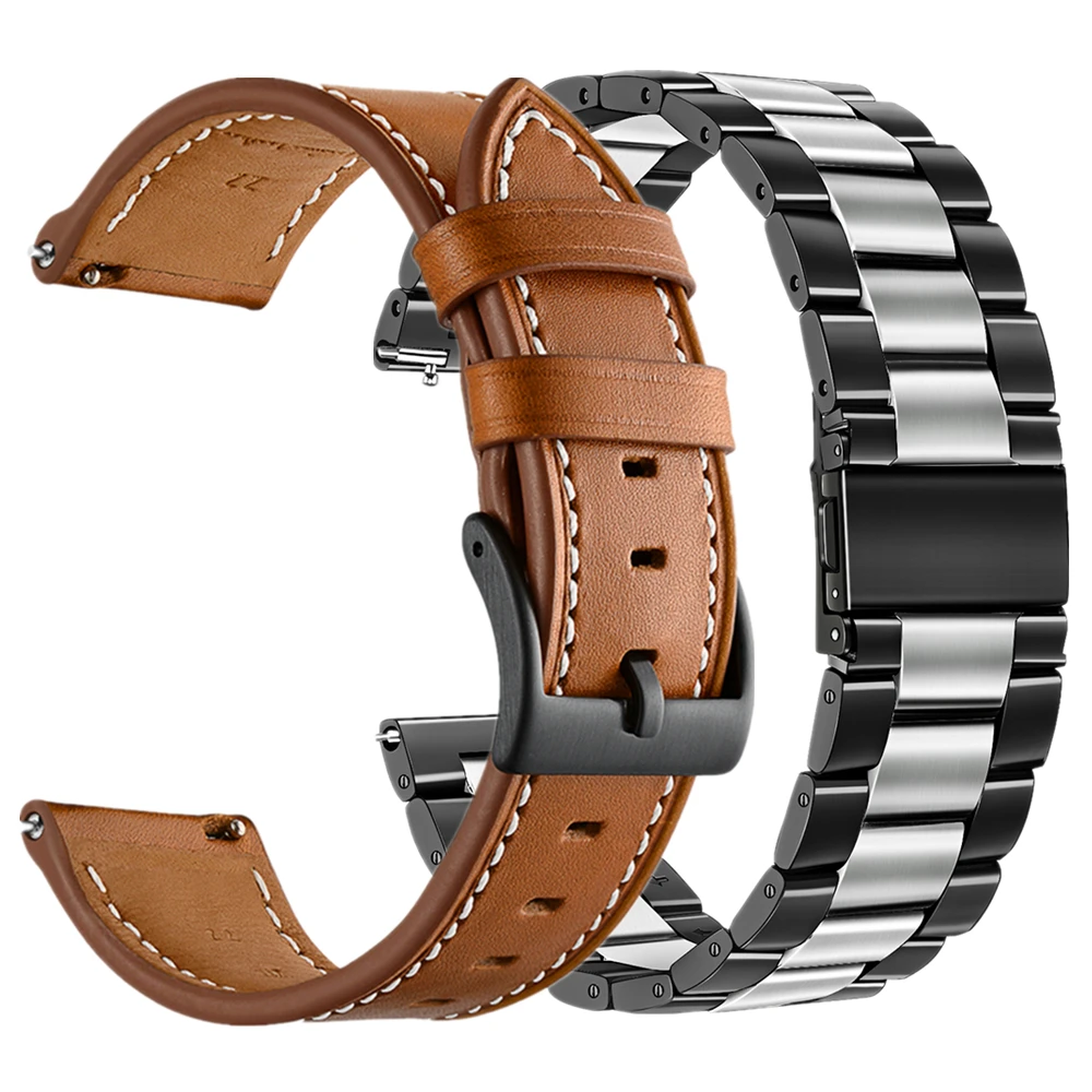 

For Galaxy Watch 46mm Band 20mm 22mm Solid Stainless Steel And Leather Bracelet Strap For Samsung Galaxy Watch Active2 40mm 44mm