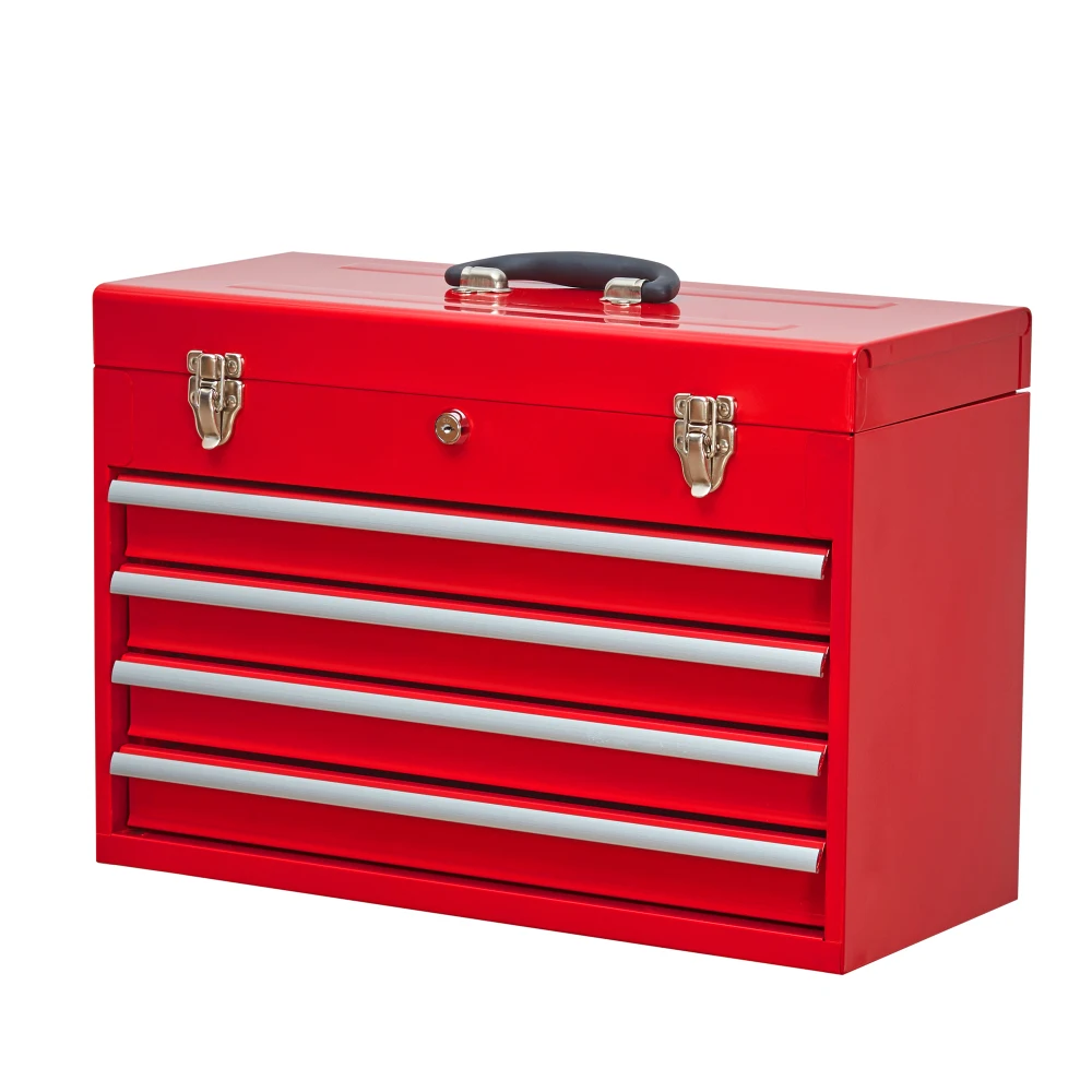 

4-Drawer Portable Red Metal Tool Box with Lock & Latch for Garage/Warehouse/Outdoor Repair