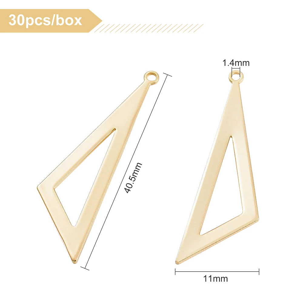 1box 30pcs Brass Pendants Long-Lasting  Triangle   40.5x11x1mm Hole: 1.4mm