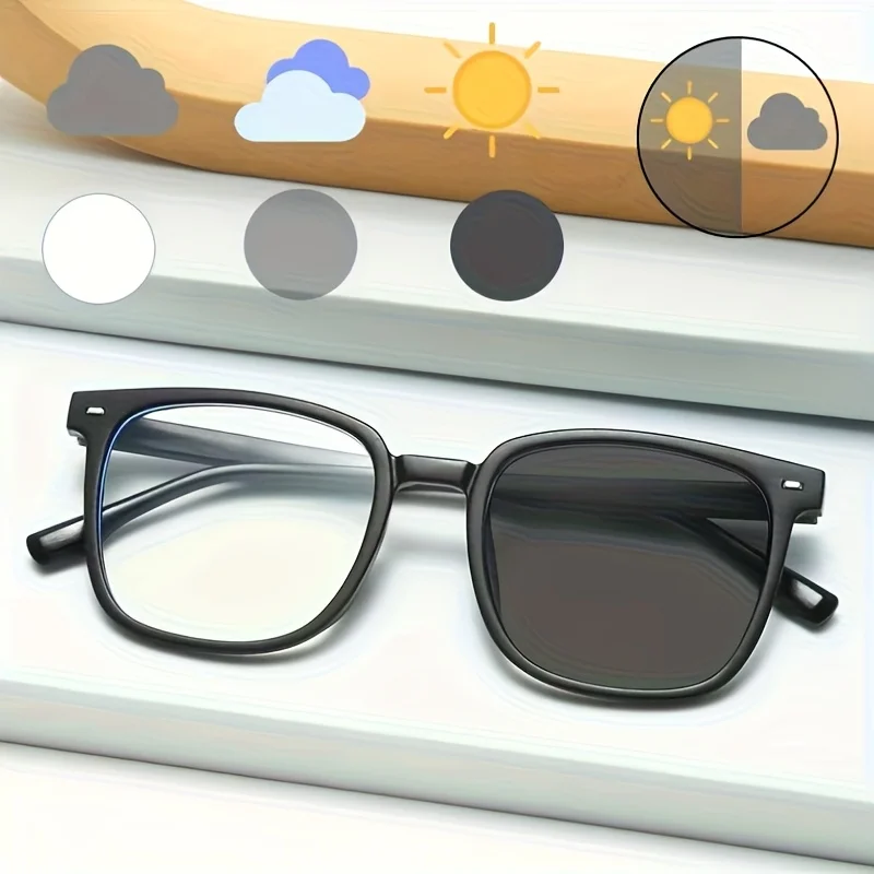 Unisex Photochromic Computer Glasses Square Metal Frame Anti-Blue Light Anti-Radiation Eyeglasses Replaceable Lens