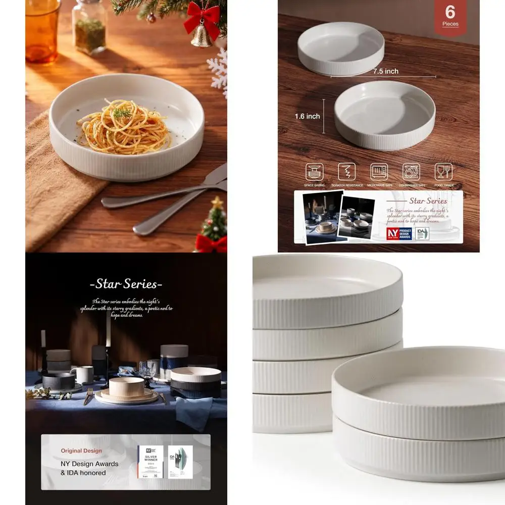 

Set of 6 Pasta & Salad Bowls, 7.5 Reactive Glaze, Stackable, Ideal for Gifts and Holidays