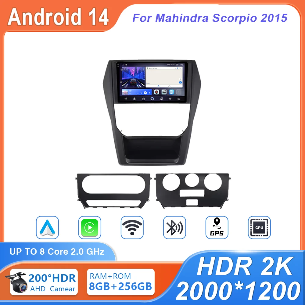 Android 14 For Mahindra Scorpio 2015 Stereo Multimedia Head Unit GPS BT Carplay Android Auto NO 2DIN Car Radio Player 4G 2K DVD