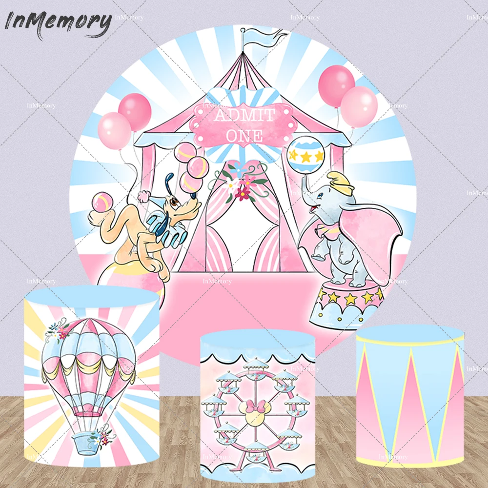 Cartoon Elephant Circus Tent Birthday Round Background Photography Pink Dumbo Baby Shower Round Backdrop Cover Hot Air Balloons